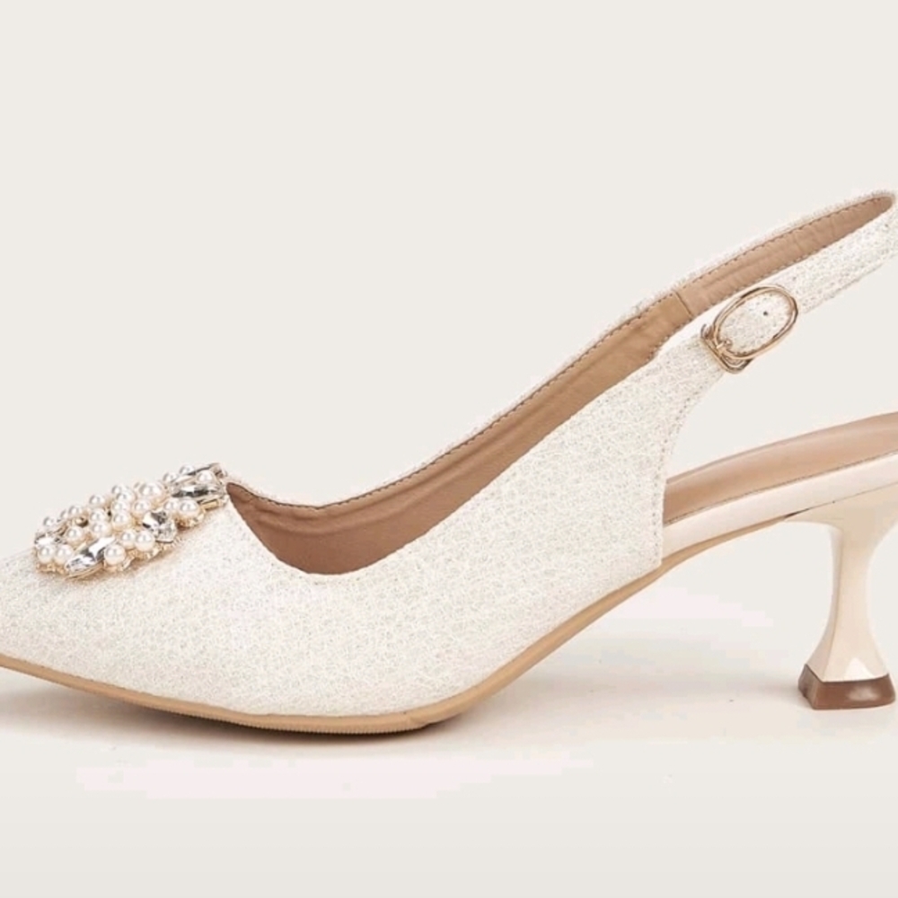 SHEIN Elegant Cream Slingback Heels with Pearls